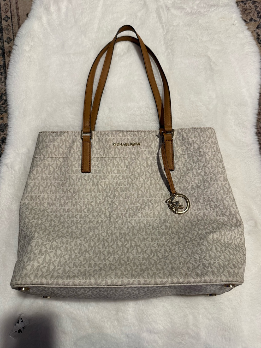 Michael Kors Cream Signature Tote with Brown Leather Straps
